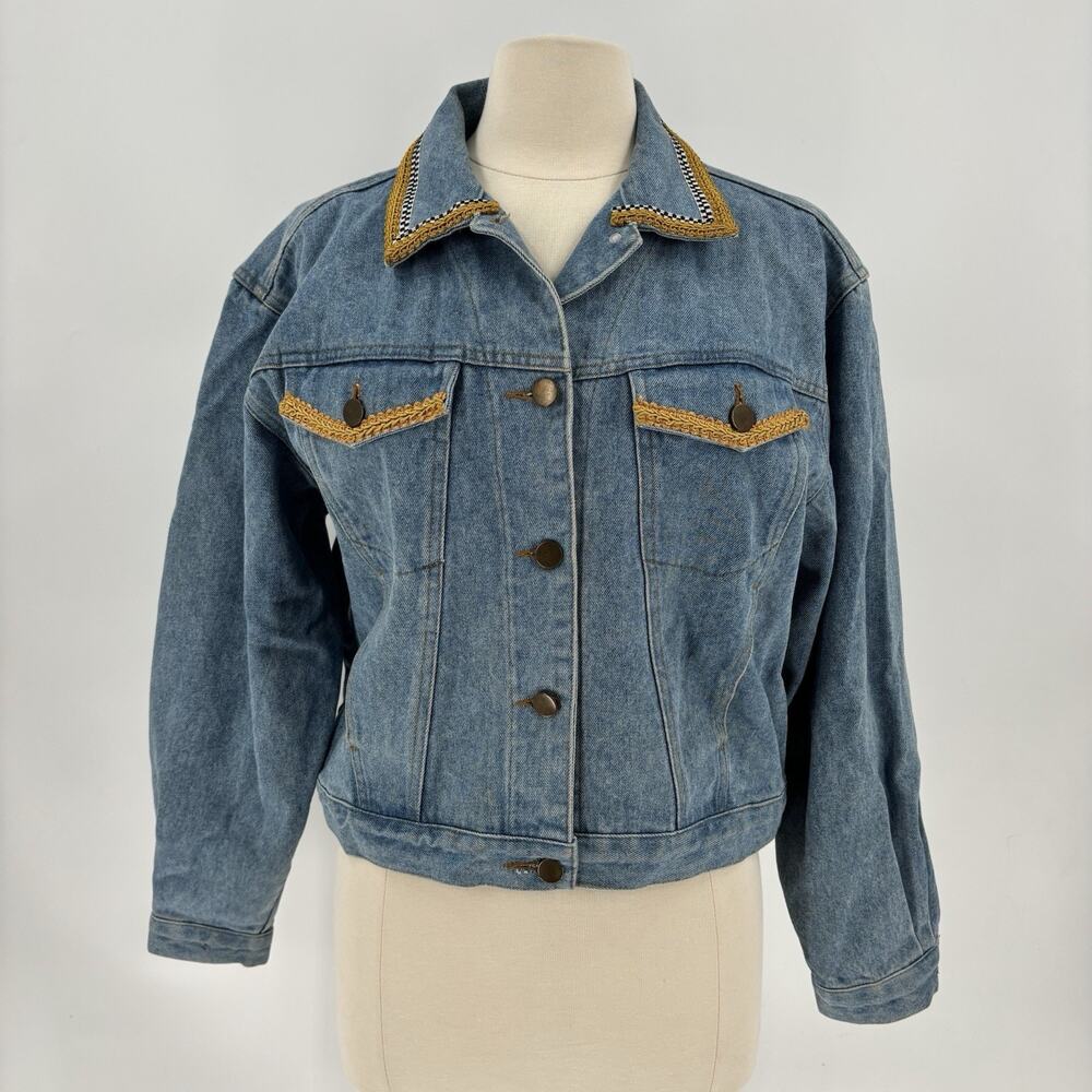Vintage Kolorway 90s Jean Jacket Womens Medium Blue Denim Floral Tapestry Button